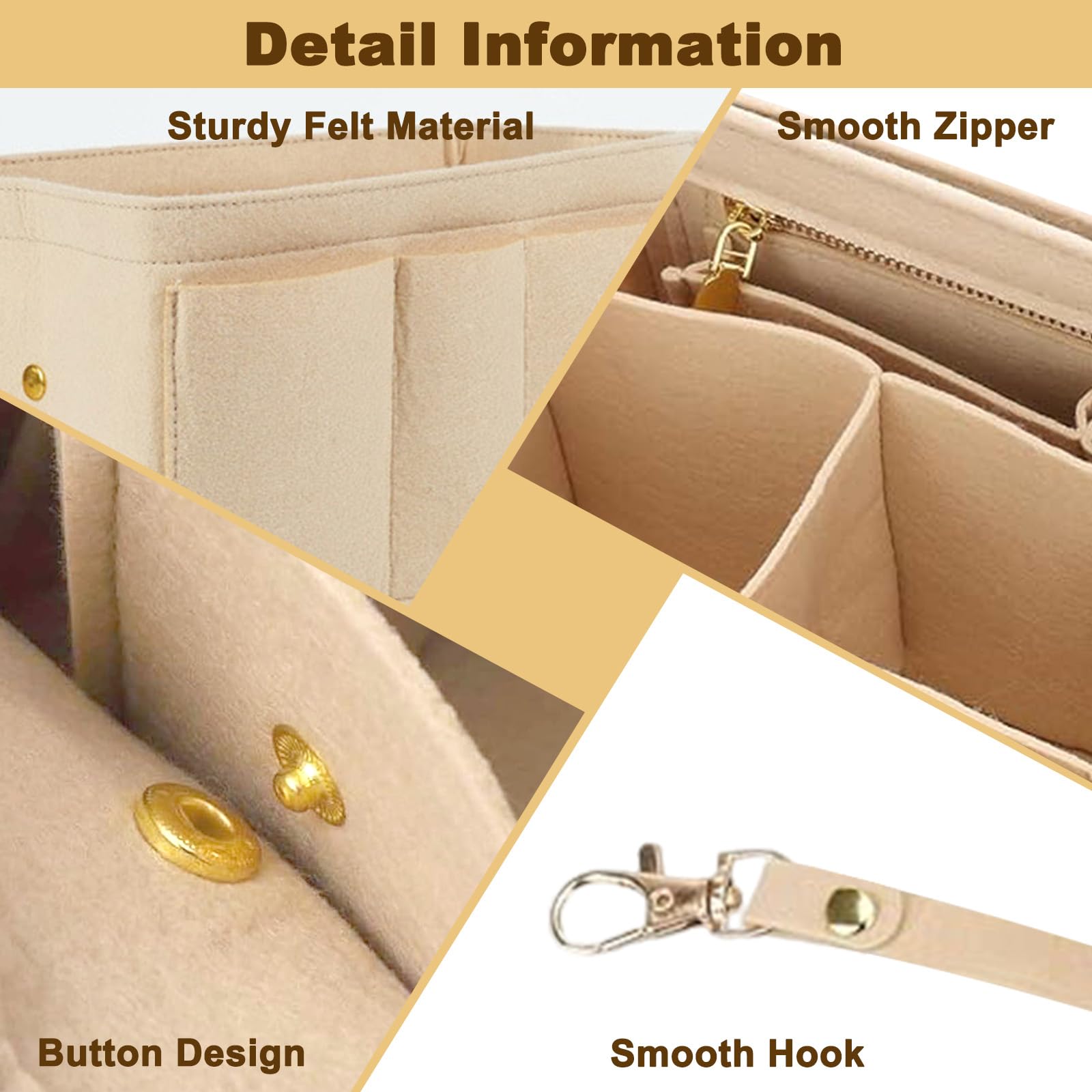 Organisateur Sac Main Feutre avec Compartiments & Fermeture Eclair, Sac Rangement Interieur 27×16×15 cm, Organiseur Bag in Bag Femme Multi-Poches, Organisateurs pour Objets Petits Divers Ranger(Beige