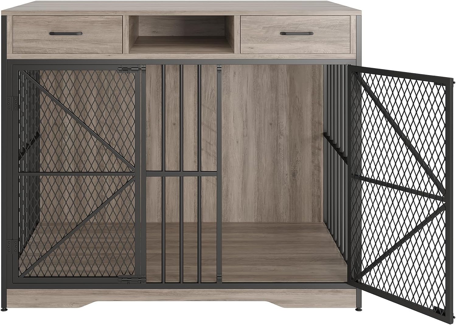 Dog Crate Furniture with Drawers, 44 Inch Heavy Duty Indoor Dog Kennel, Wooden Pet Crate End Table with Double Doors, Storage Compartment for Small Medium Large Dogs, Vintage Brown and Black