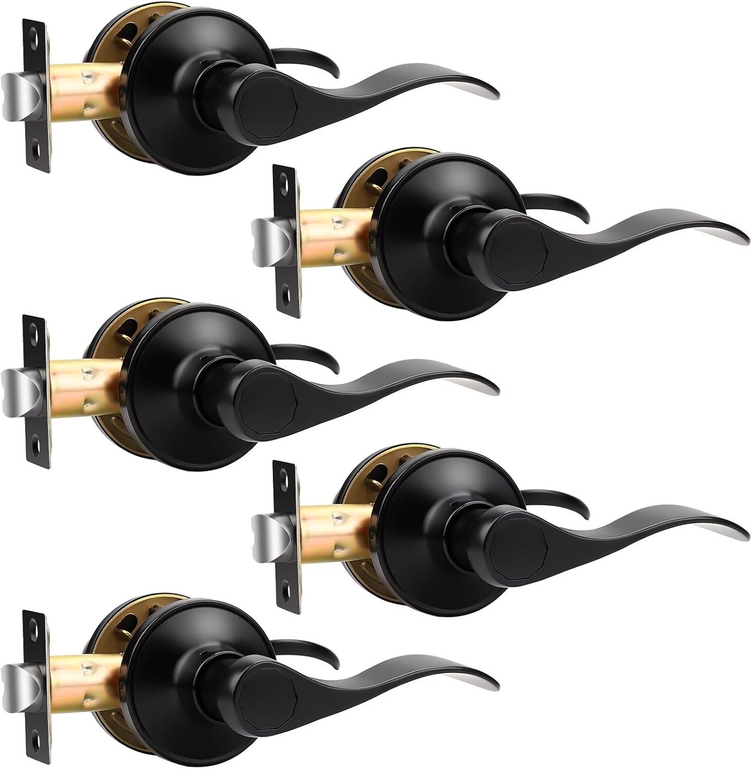 Knobonly 5 Pack Passage Door Handles Interior, Hallway Closet Door Leverset Matte Black Finish Stainless Steel, Keyless Door Handle Sets