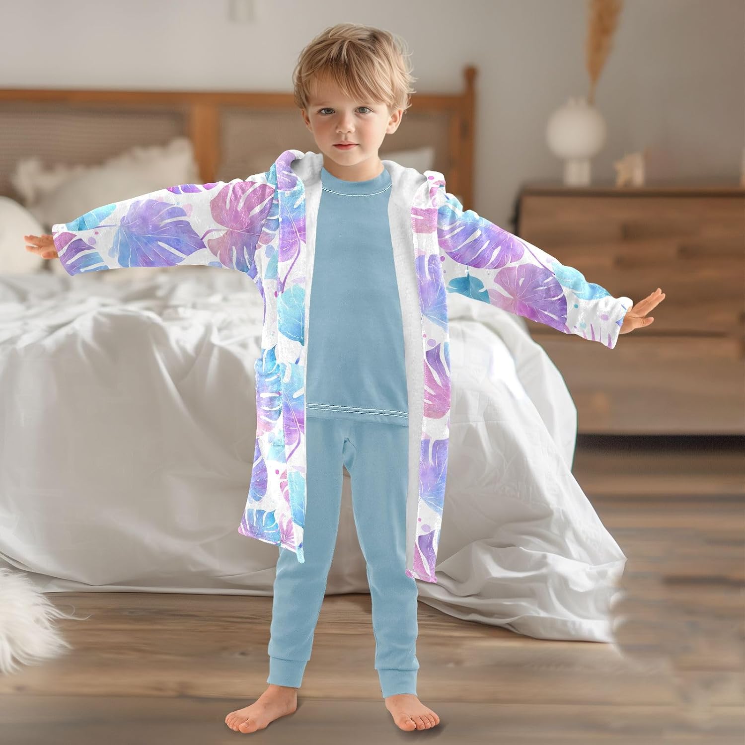 Watercolor Purple Tropical Leaves Toddler Hooded Bathrobe for Boys Girls Soft Plush Bath Towel Robe 2-12 Years