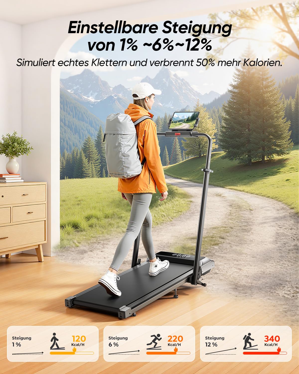 laufband für zuhause mit Neigung, 5 IN 1 Walking Pad mit 12% Steigung, 2.5HP Klappbar Laufband für Zuhause & Büro,2-LED-Anzeige,Bis 136kg Belastbar,Keine Installation