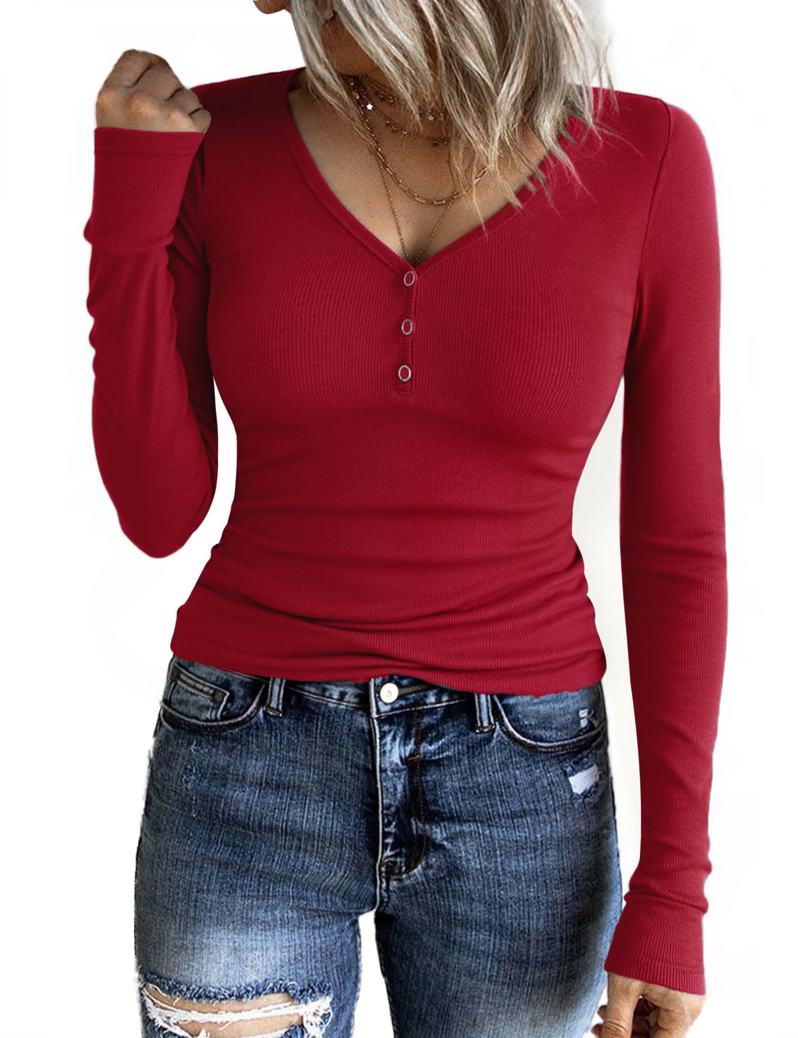 Aottori Damen Langarmshirt V-Ausschnitt mit Knöpfen Oberteile Gerippt Slim Fit Pullover Elegant Stretch Tee Shirt Langarm Casual Basic Tops