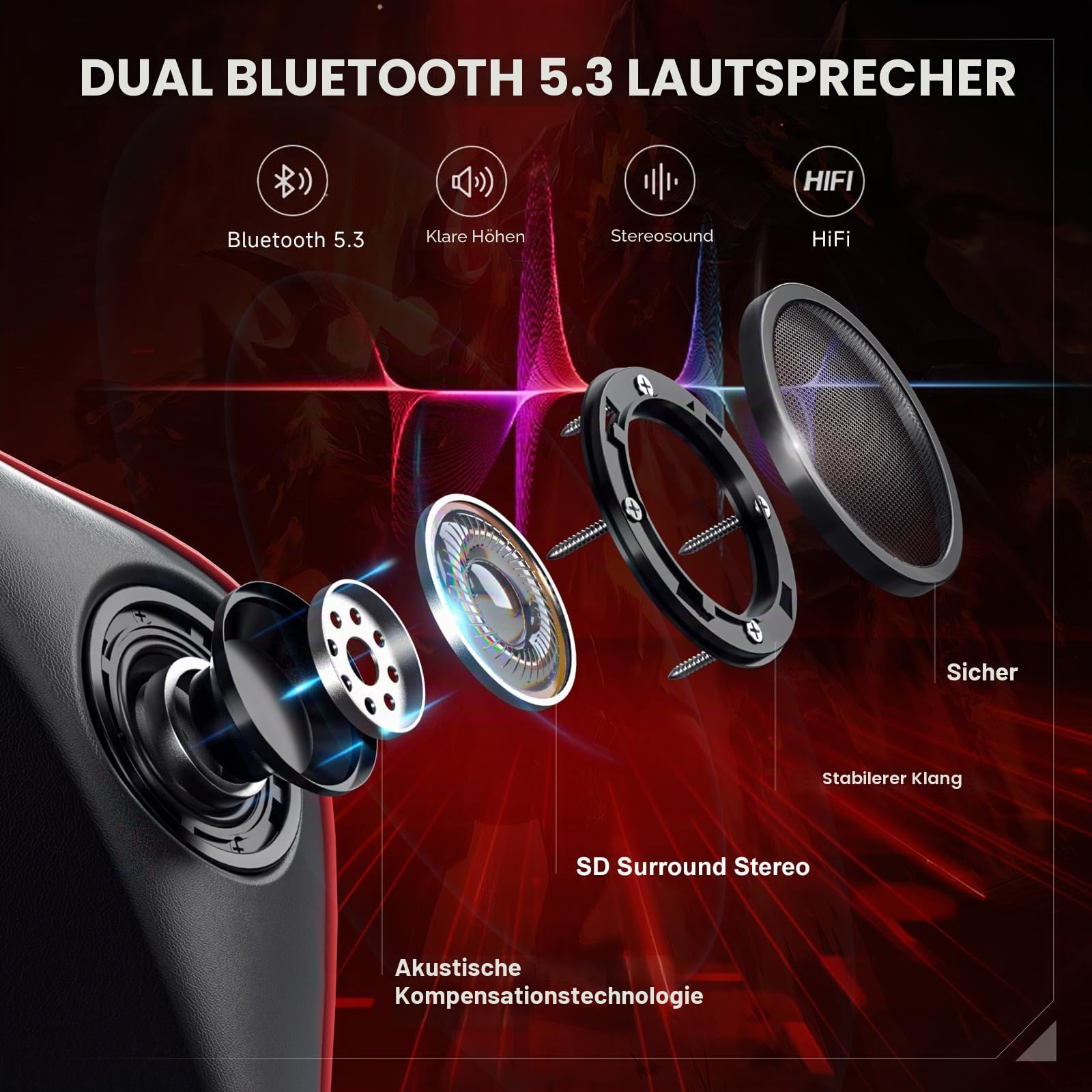 GTPLAYER Gaming Stuhl mit Fußstützen Lautsprecher Bluetooth, Gamer Stuhl Ergonomischer Computerstuhl Bürostuhl Schreibtischstuhl PC Stuhl mit 3D-Armlehnen, 200KG, Rot