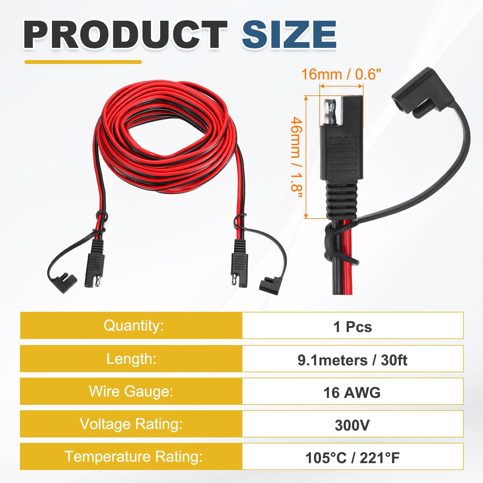 QUARKZMAN Cavo Di Estensione SAE, 30FT 16 AWG Cavo Connettore SAE A Sgancio Rapido Con Cappuccio Antipolvere Per Moto Auto Pannelli Solari Barche