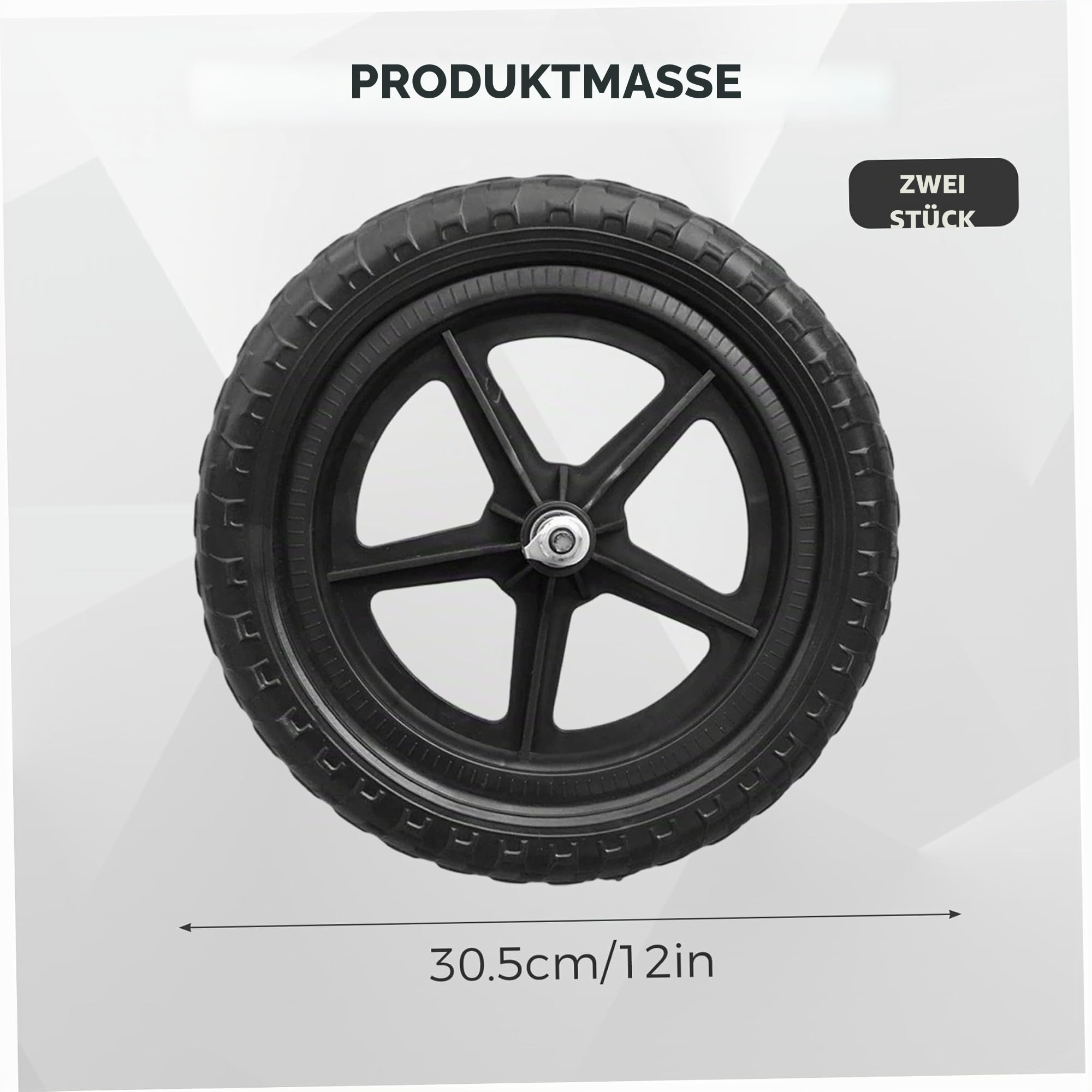 2er-Pack 12-Zoll-Laufradräder, inflationsfreies Kunststoffreifen-Set mit Fünf-Stern-Nabe, Schwarz, Ersatzräder für Kinder-Laufräder