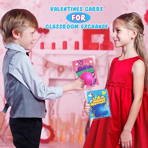 Miniatura 6 de Shylizard 28 tarjetas de regalo para el día de San Valentín para niños, intercambio escolar, tarjetas de San Valentín a granel con bola antiestrés,