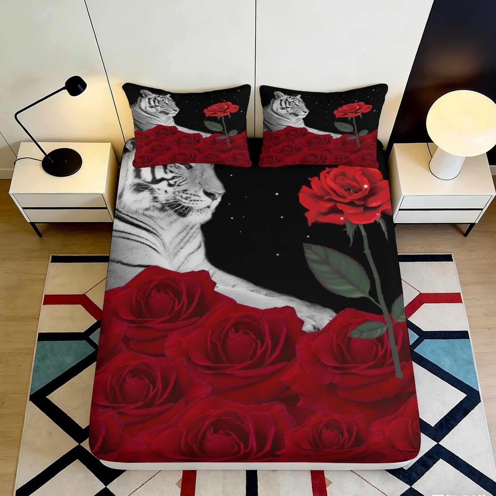 K1r3d9e5 Style-2 3D Printed Red Rose Lover Fitted Sheet Microfiber Black White Romantic Bed Cover Machine Washable Bedroom Decor 90X200x25cm
