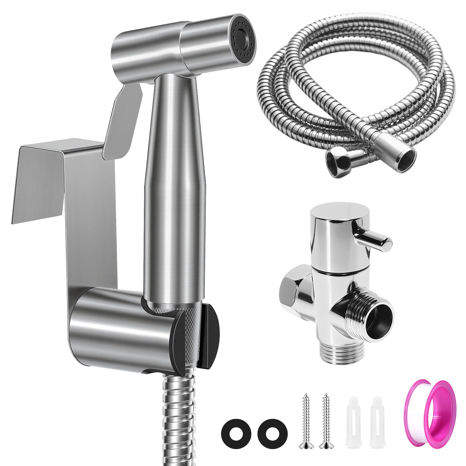Set Doccetta per Bidet, Idroscopino per WC con Tubo Flessibile da 1,5m, Supporto & Adattatore, Facile da Installare (Argento)