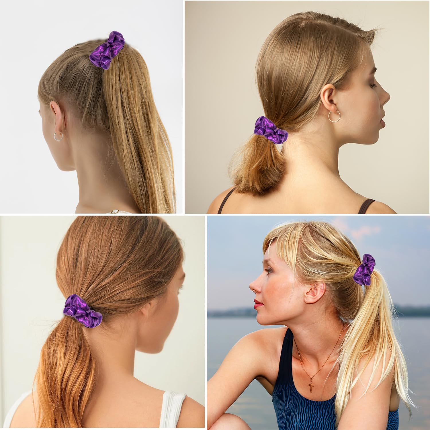 24 PCS Shiny Metallic Hair Scrunchies Bulk, Cheer Scrunchies Hair Accessories Cheerleading Hair Ties Elastics for Women Cheerleading Teams (Purple)