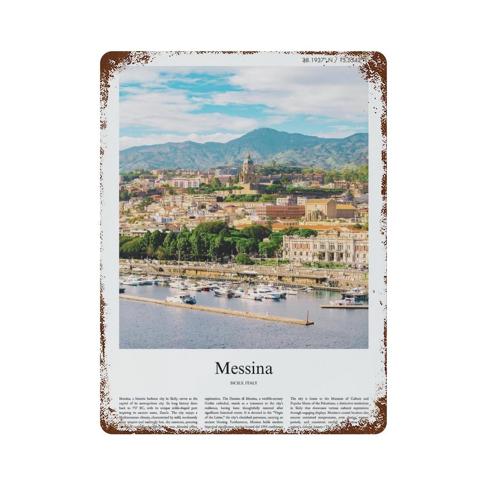 xiaoxiaoshen Messina Sicily, Italy City Scenery Wall Decor Art Metal Tin Poster Modern Home Decor Art Home Bar Shop Decorations Vintage Sign 40x30cm