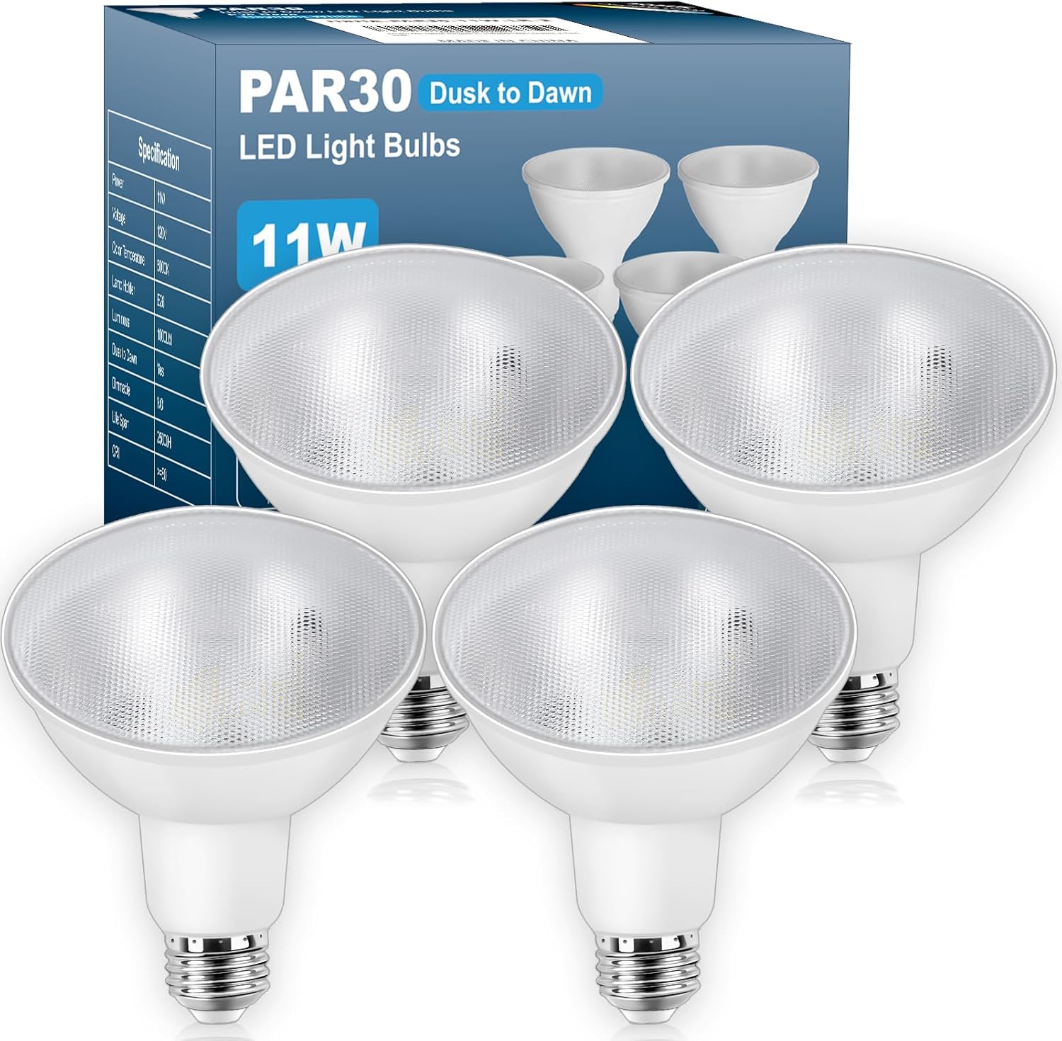 LED PAR30 Outdoor Flood Light Bulbs,Dusk to Dawn LED Light Bulbs for Yard Patio Garage Porch Driveway,11W 1000LM 5000K Daylight White,E26 Base, Non-Dimmable, Wet Location,4 Pack