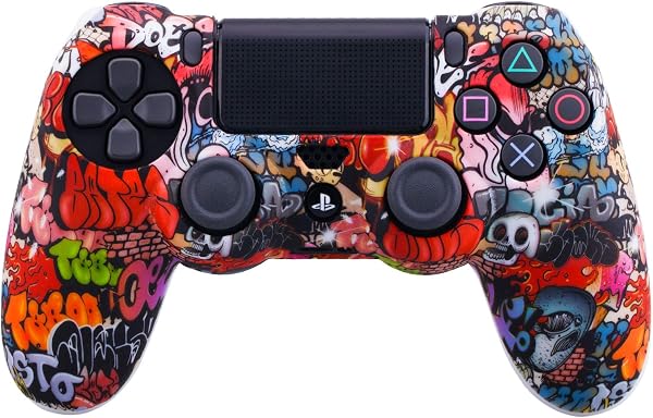 YoRHa Water Transfer Printing Camouflage Silicone Cover Skin Case for PS4/slim/Pro Controller x 1(Skull Graffiti) With Pro thumb grips x 8 - 2