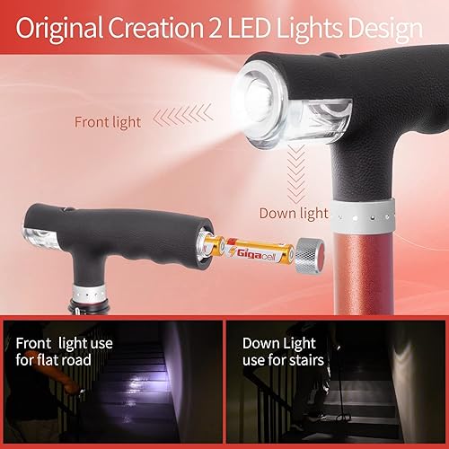 Miniatura 7 de BeneCane Bastón cuádruple con dos luces LED con base grande y mango en T ligero y ajustable, cuatro puntas, resistente para hombres y mujeres (negro