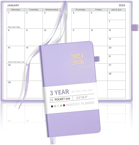 SUNEE Agenda mensual de bolsillo 2024-2026, calendario mensual de bolsillo de 3 años para bolso de 3.5 x 6 pulgadas, agenda de 36 meses (enero de