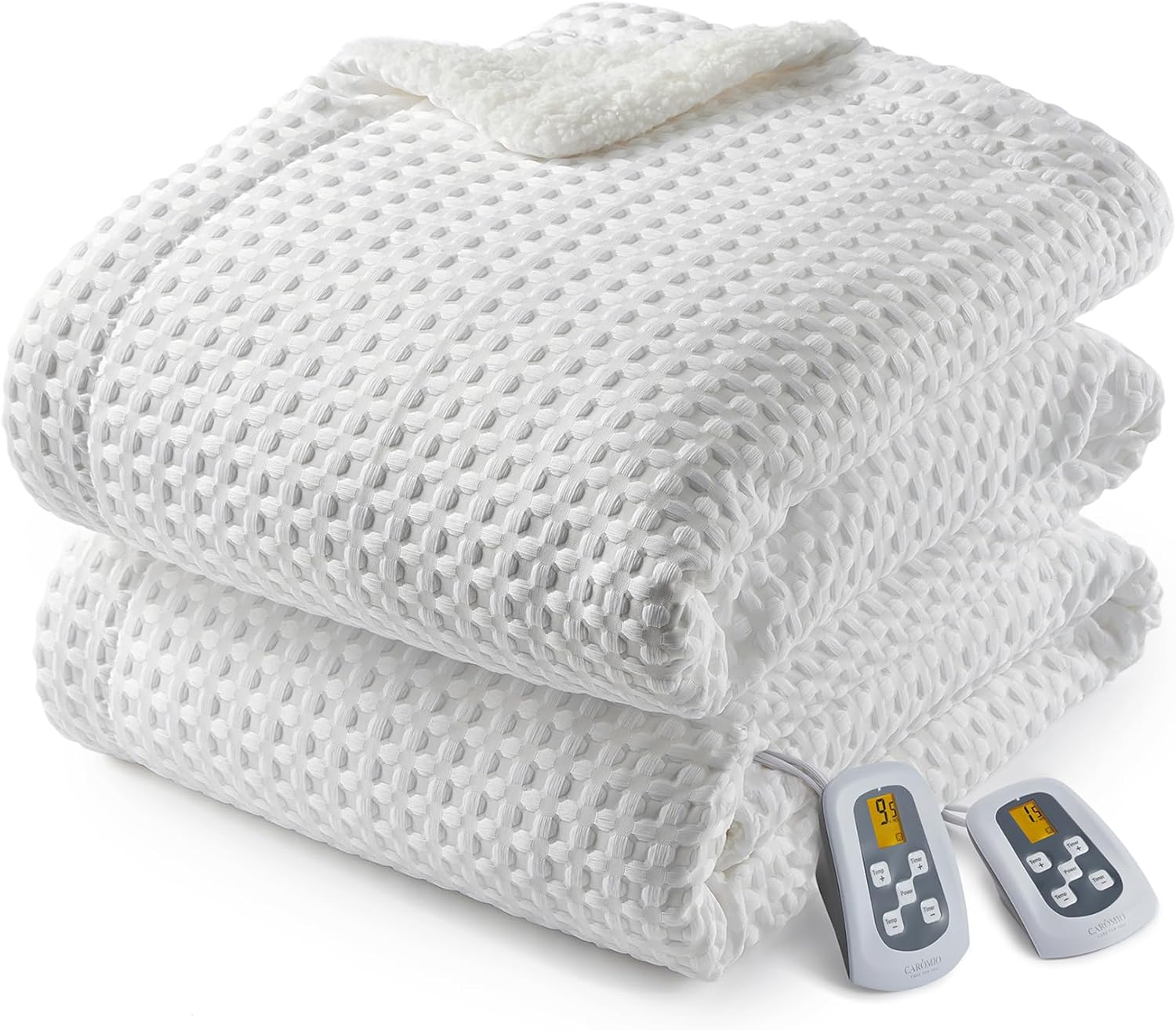 CAROMIO Heated Blanket Queen Size with LCD Dual Controller, Waffle Weave Fast Heating Electric Blankets, 10 Heat Levels & 1-12H Time Settings, ETL Certified, Machine Washable, Off White, 84" x 90"