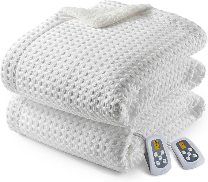 CAROMIO Heated Blanket King Size with LCD Dual Controller, Waffle Weave Fast Heating Electric Blankets, 10 Heat Levels & 1-12H Time Settings, ETL Certified, Machine Washable, Off White, 100" x 90"