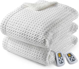CAROMIO Heated Blanket King Size with LCD Dual Controller, Waffle Weave Fast Heating Electric Blankets, 10 Heat Levels & 1-12H Time Settings, ETL Certified, Machine Washable, Off White, 100" x 90"