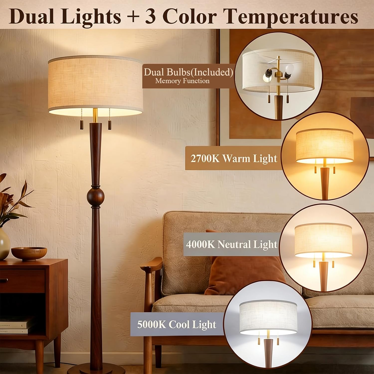 MOFFE 62.8" Solid Oak Wood Floor Lamp, Tall Standing Floor Lamp with 2-Light Pull Chain, 17" Linen Drum Shade, Sculptural Wood Base, Transitional Floor Lamp for Living Room Bedroom, Includes 2 Bulbs