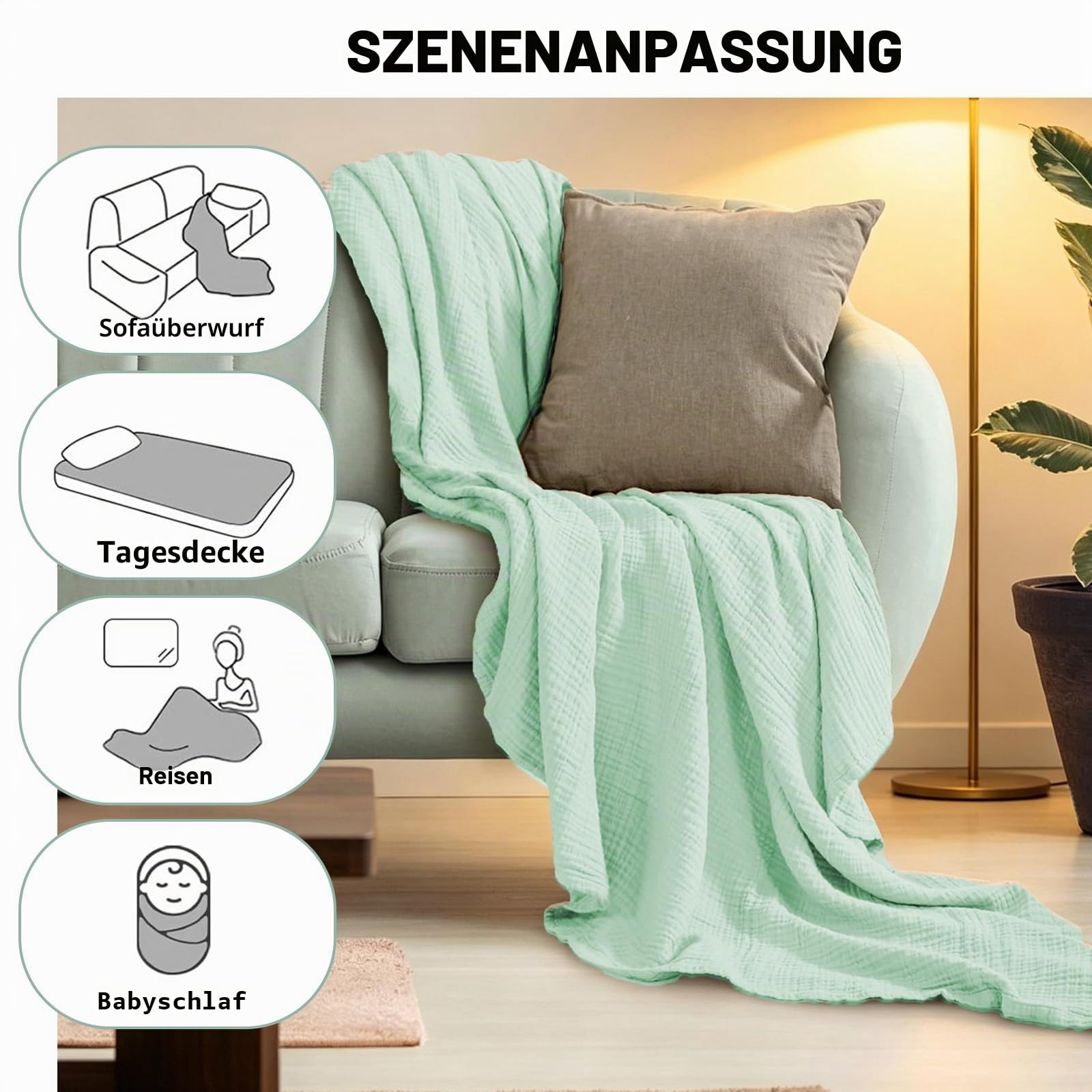 Musselin Decke 150x200 cm – 100% Baumwolle, 6-Lagige Weiche Sommerdecke, Atmungsaktive Dünne Kuscheldecke für Bett & Sofa, Tagesdecke Couch Überwurf (Hellgrün)