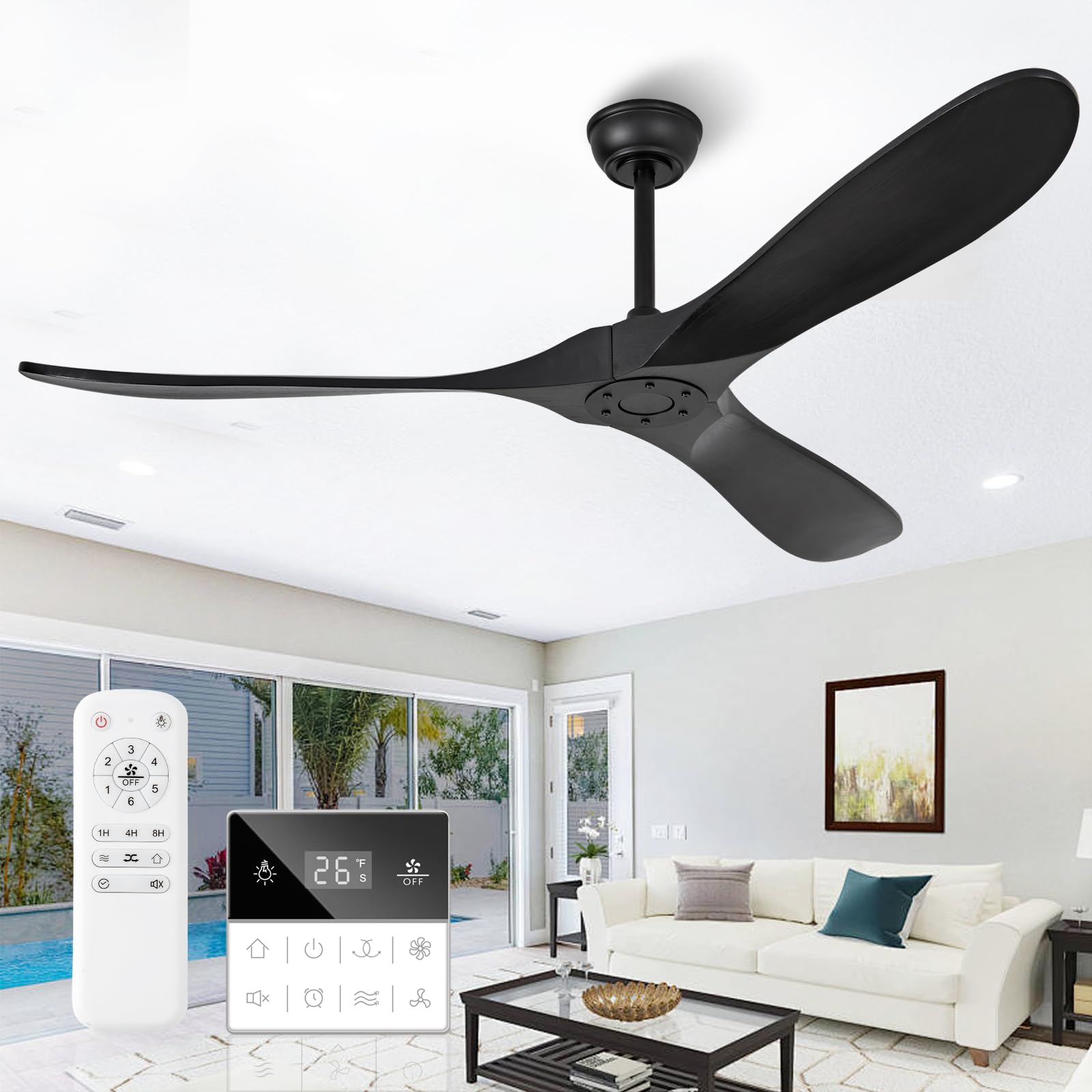 Benicefun 60 Inch Black Ceiling Fan No Light,Living Room Ceiling Fans Without Lights, Modern 3 Blade Quiet Dc Ceiling Fan For Slanted Ceilings, Rustic