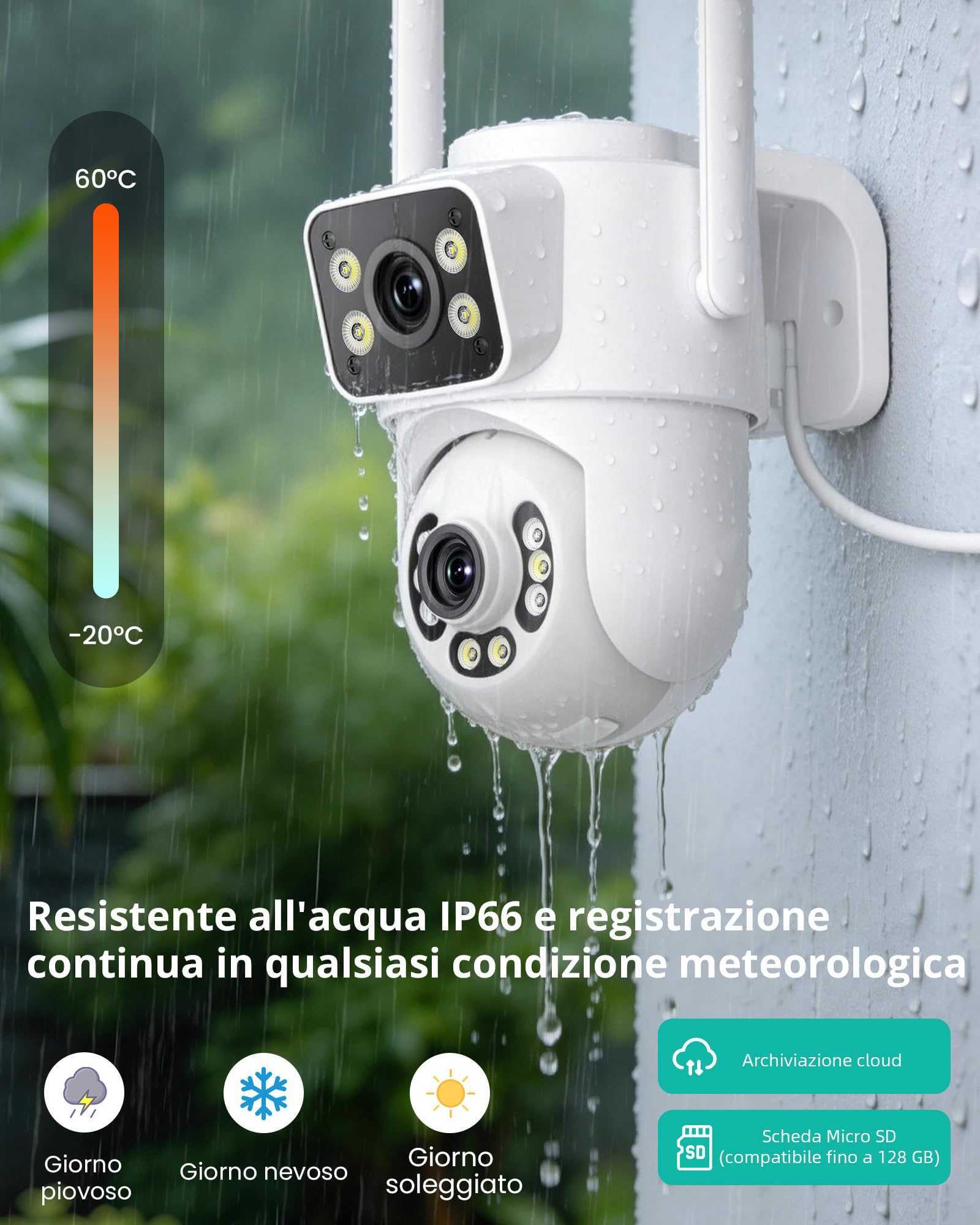 ANBIUX 2K Telecamera Wi-Fi Esterno | con Doppio Obiettivo,Supporta WiFi 2,4/5 GHz, tracciamento automatico PTZ a 360°,Visione Notturna,Audio Bidirezionale,2m Cavo