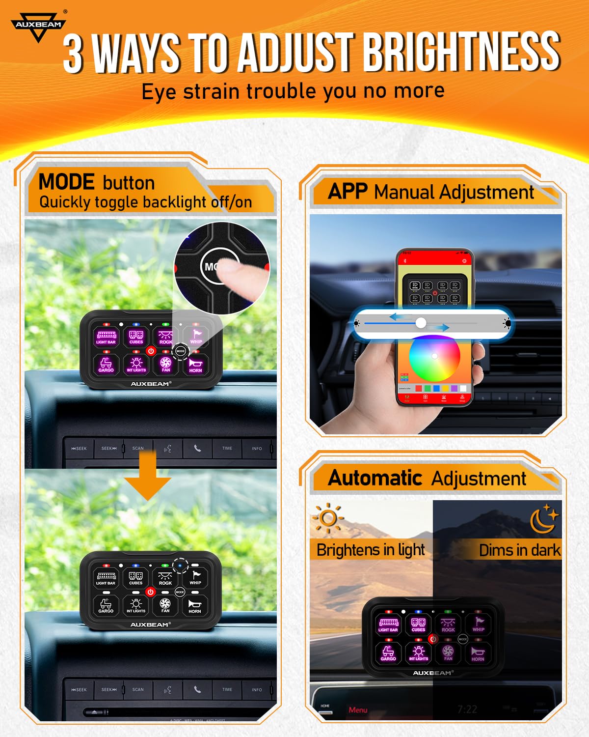 Auxbeam Painel de comutação de 8 grupos AR-800 Bluetooth RGB