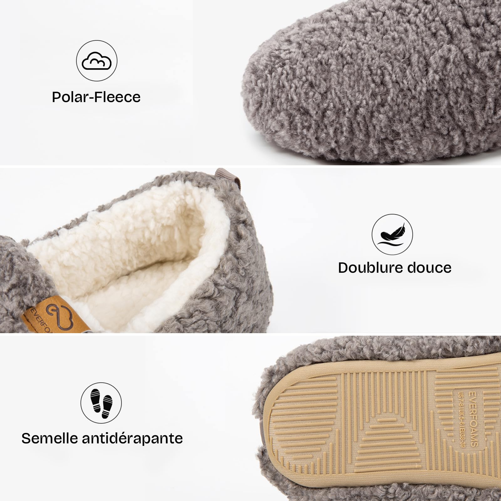 EverFoams Chaussons Femme Chaudes en Mousse à Mémoire Pantoufles Confortables Fausse Laine Hiver - Antidérapantes pour Intérieur/Extérieur