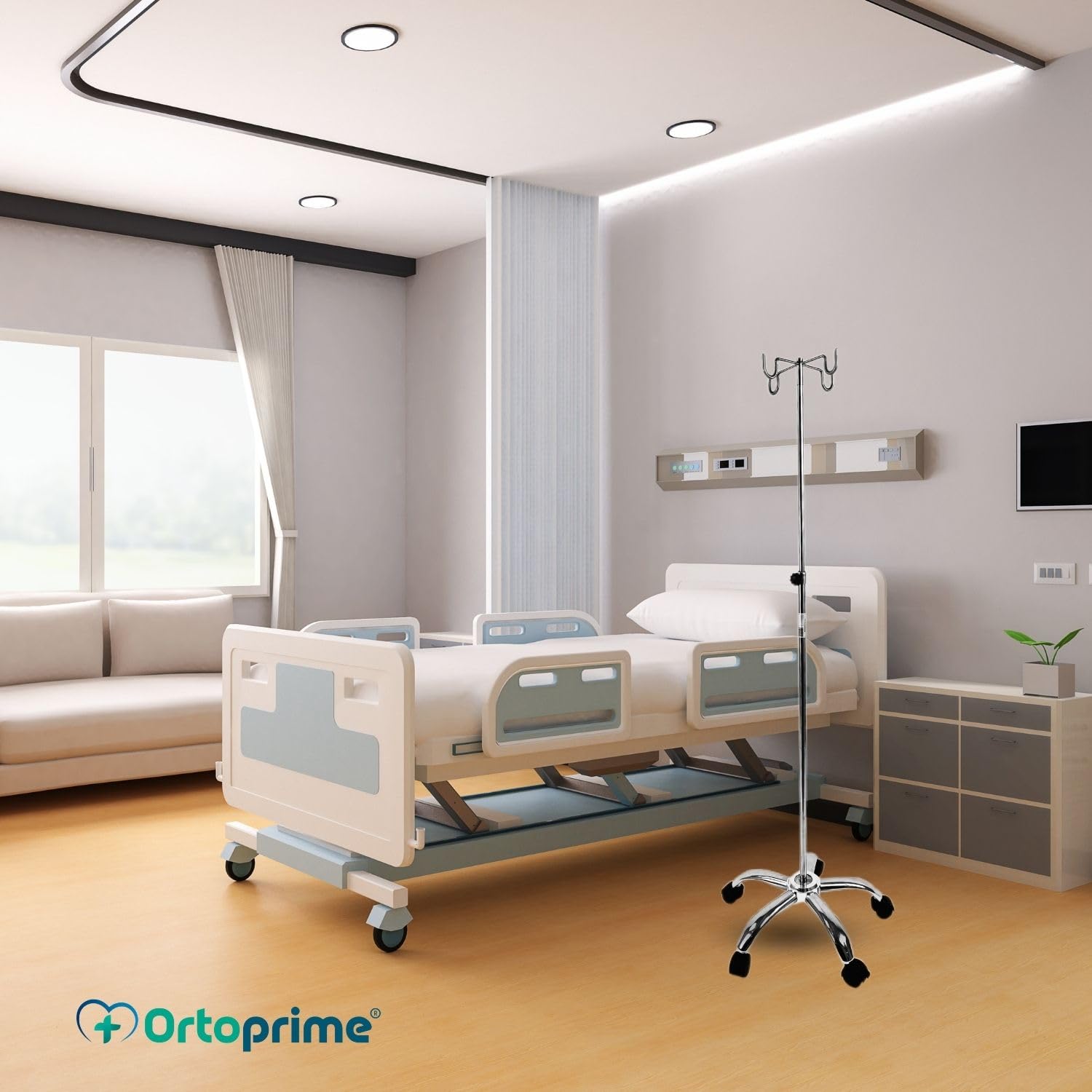 OrtoPrime Porta flebo regolabile in acciaio inox – Supporto per flebo con 4 ganci – Porta siero con ruote silenziose – Supporto flebo tripode portatile professionale per uso ospedaliero e domestico