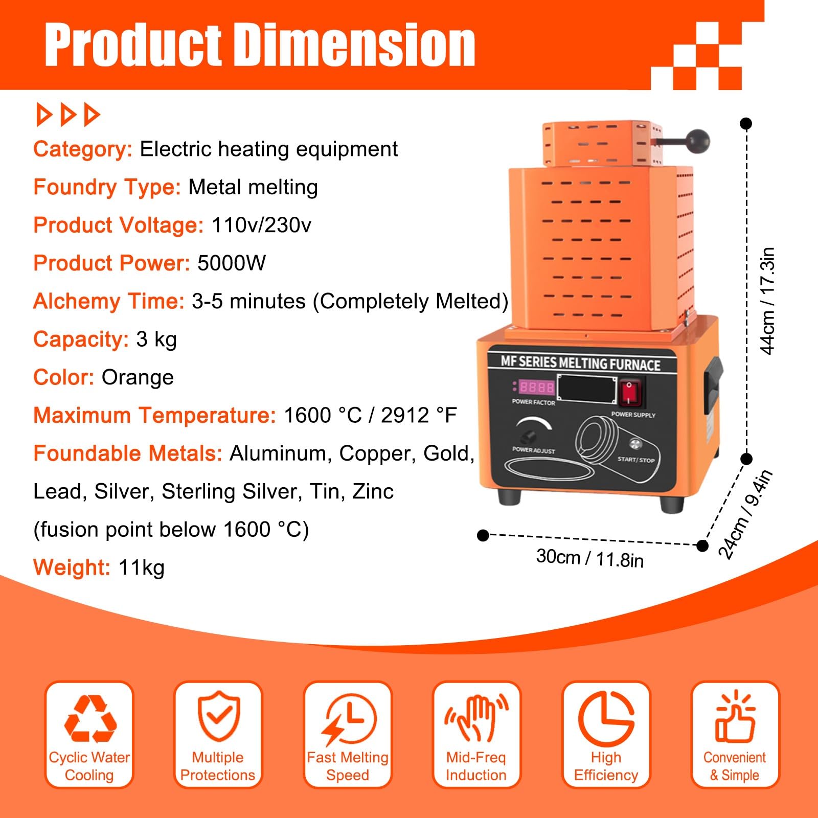 Macchina per La Fusione Digitale dei Metalli Forno di Fusione Alta Temperatura 5 KW, Forno per Fusione Gioielli, Fusione Rapida Oro E Metalli Preziosi,(Orange,3kg)