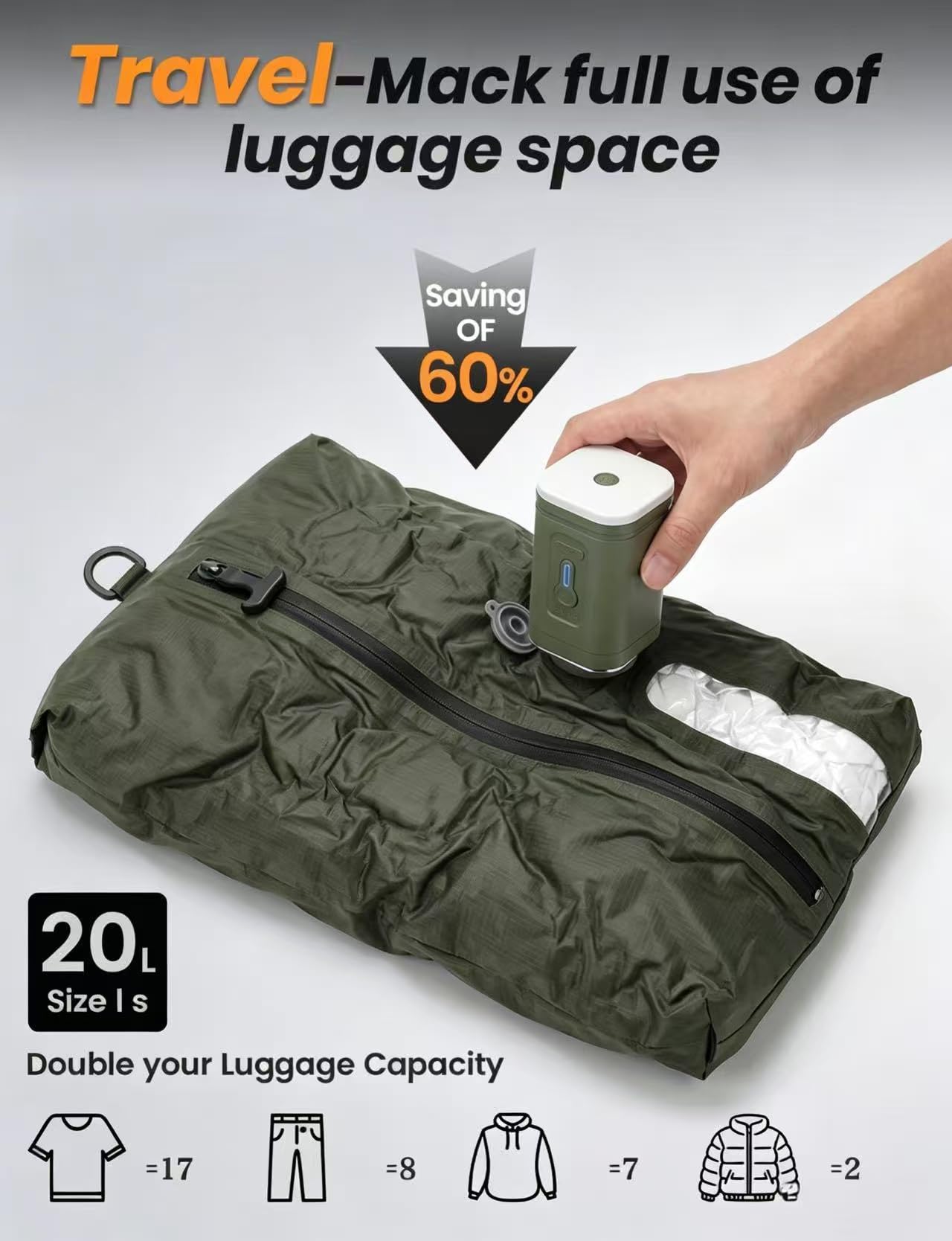 Paquete de 12 bolsas de vacío de viaje con bomba recargable, 10 bolsas de compresión transparentes de PA y PE y 2 bolsas verdes de TPU de 18 L, bolsas de almacenamiento al vacío que ahorran espacio