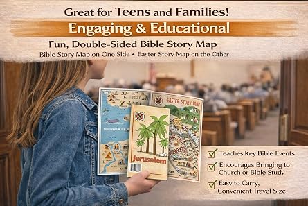 Illustrated Map of Easter Bible Stories in Jerusalem during Jesus' Time | 16 x 21 Foldable Reference Guide, 70+ Biblical Locations and Easter Stories, For Kids Teens Adults, Fits Standard Bibles