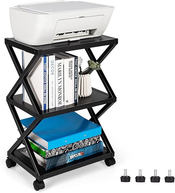 CASART 2/3 Tier Printer Stand, Freestanding Fax Stand with Adjustable Anti-Skid Foot Pads & 360° Swiveling Casters, Under Desk Mobile Organizer for Home Office (Black, 44 x 30 x 63cm)