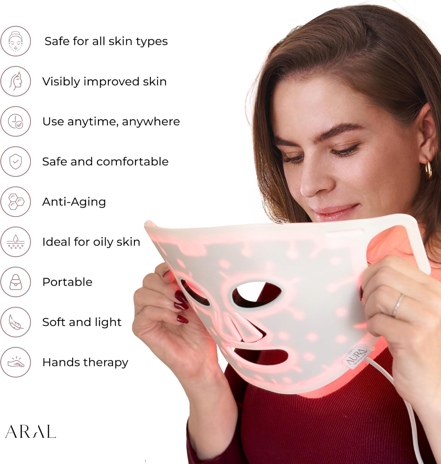 Aura Red Light Facial Mask for Glowing Skin | LED Beauty Device with Multiple Light Modes | Spa-Inspired for Radiant, Youthful-Looking Complexion | Portable & Lightweight