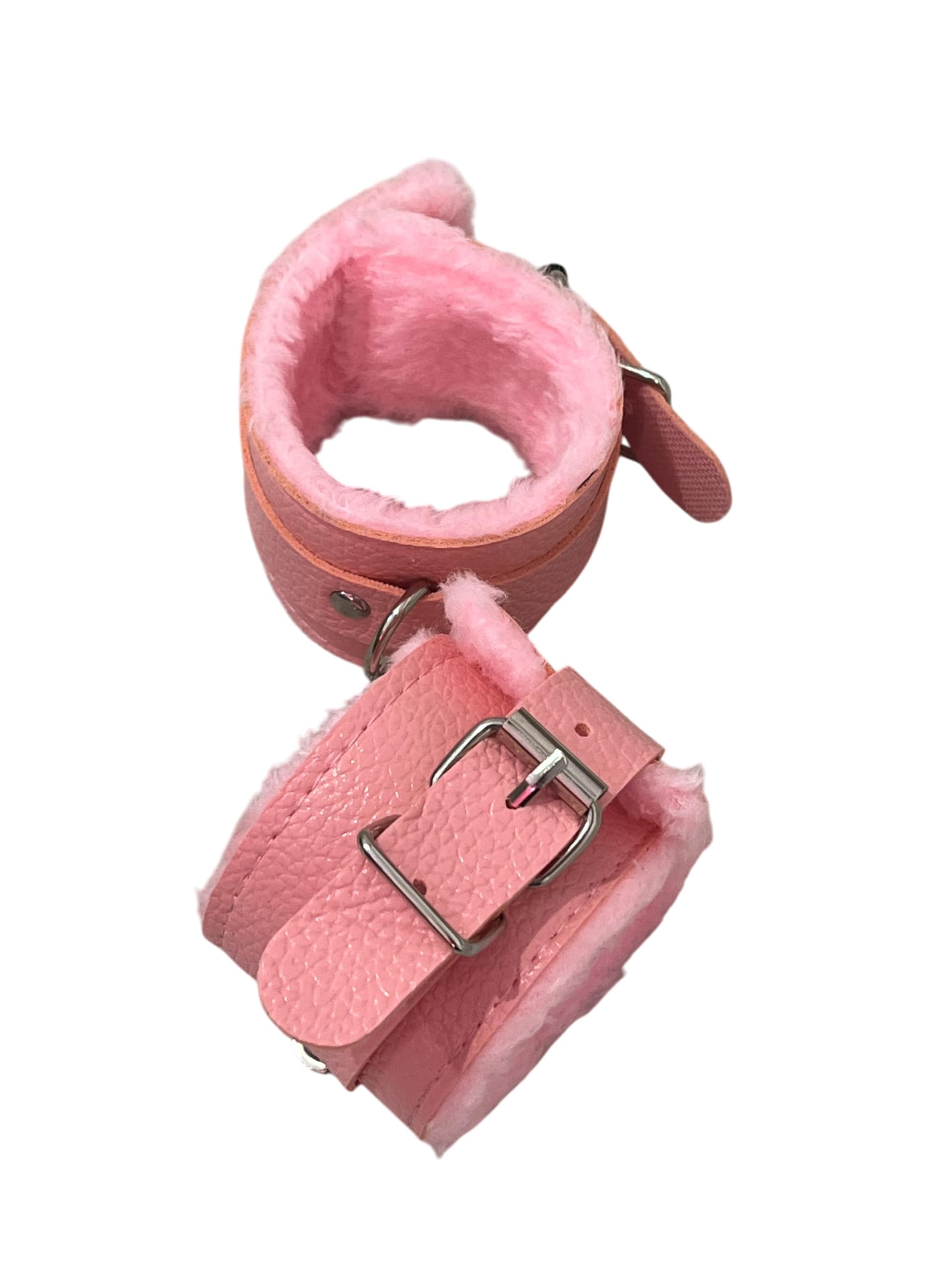 Manette in Pelle con Peluche Rosa e Moschettone - Polsiere in Ecopelle - Manette Pelose Finte Giocattolo
