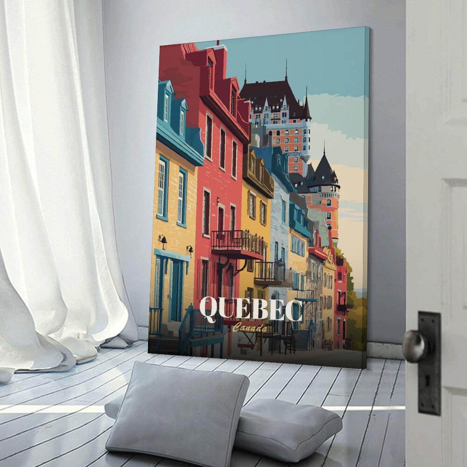 Junmoney Wall Picture Print Quebec Cityscape Illustration, 24x36inch(60x90cm), for Wall Displays, Bedrooms Or Room Updates, Wall Decor Suited to Curated Displays