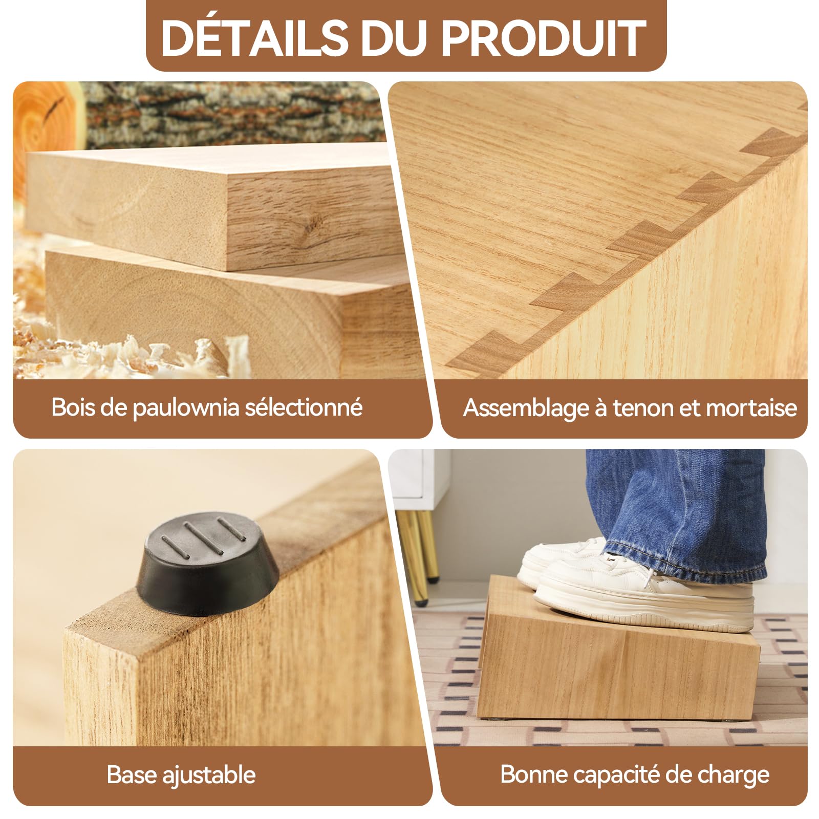 KIRIGEN Repose-pied en bois, repose-pieds de bureau réglable, brun | 40 × 30 cm, base 8/11,5 cm, 4 pieds réglables de 0 à 3 cm, bois massif, livré monté, finition à l’huile végétale