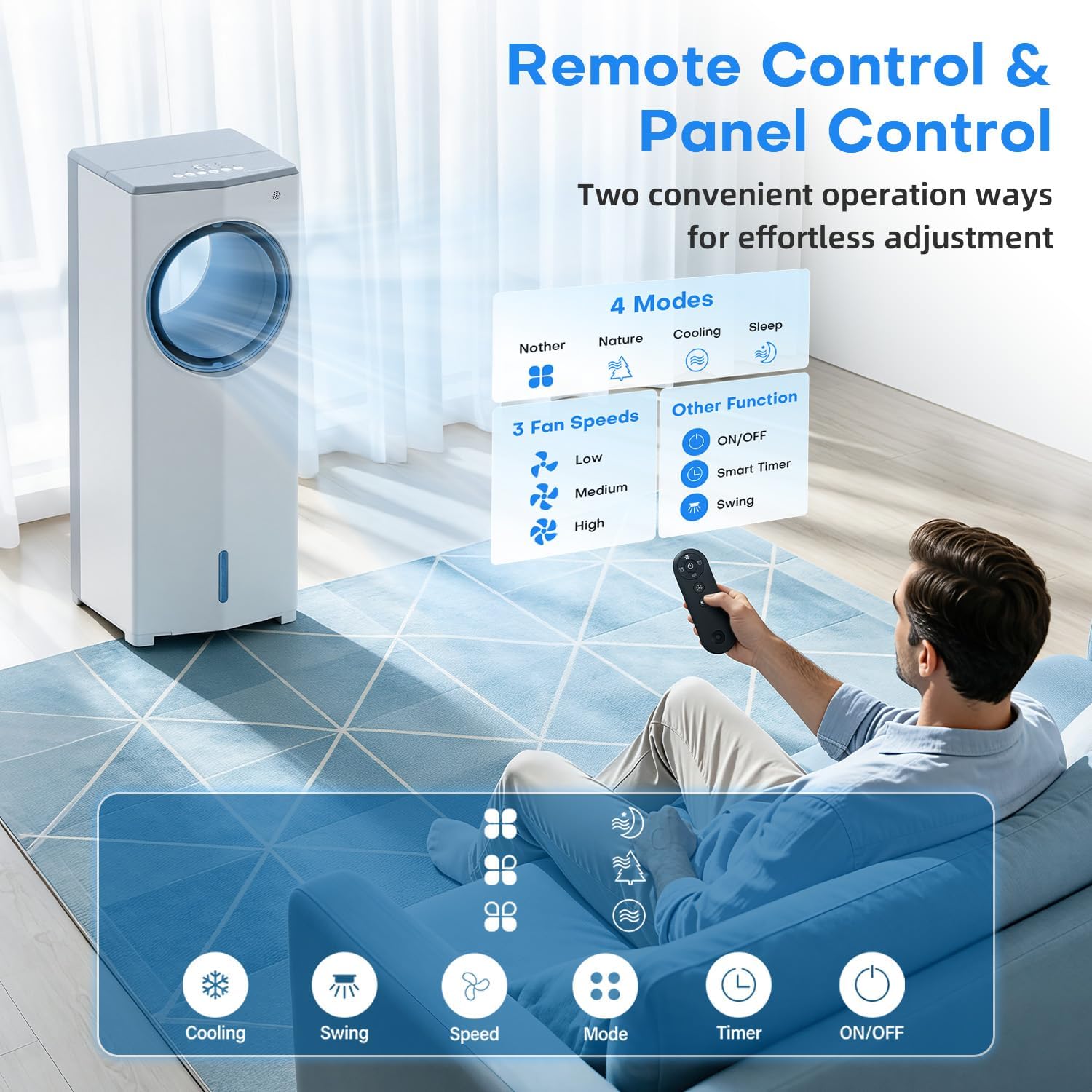 Windowless Portable Air Conditioner, 30" Evaporative Air Cooler w/Dual Tanks for 24H Cooling, 4 Modes & 3 Speeds, 28FT Remote&Timer, 360° Rotation Swamp Cooler Air Conditioner for Bedroom
