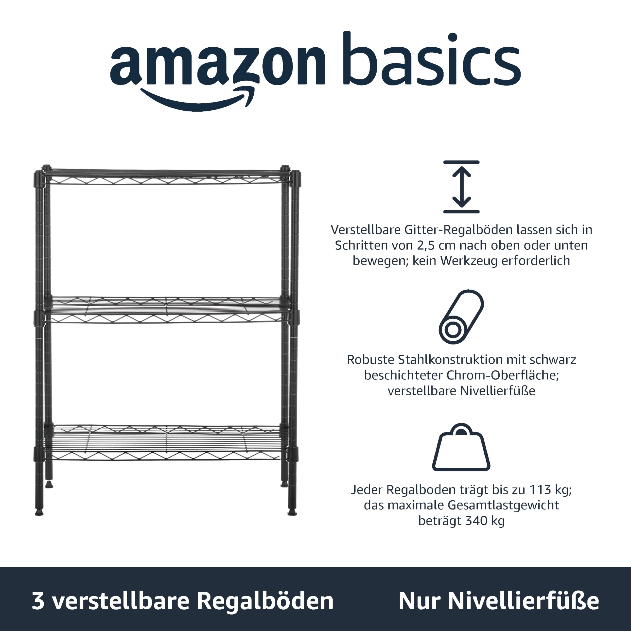 Amazon Basics Schmaler Aufbewahrungsschrank mit 3 Regalböden, höhenverstellbaren Einlegeböden und Nivellierfüßen, maximales Gewicht 340 kg, Schwarz, 34 cm T x 58.9 cm B x 76.2 cm H