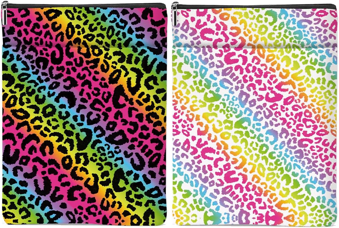 2 Pack Rainbow Leopard Print Book Sleeve, Books Protector，Books Pouch， Book Lovers Gifts，Bookish Gifts Waterproof Cover with Zipper，Leopard Decor Gift Bag for Women Manager Christmas Birthday