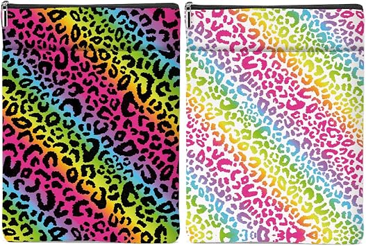 2 Pack Rainbow Leopard Print Book Sleeve, Books Protector,Books Pouch, Book Lovers Gifts,Bookish Gifts Waterproof Cover with Zipper,Leopard Decor Gift Bag for Women Girls Manager Christmas