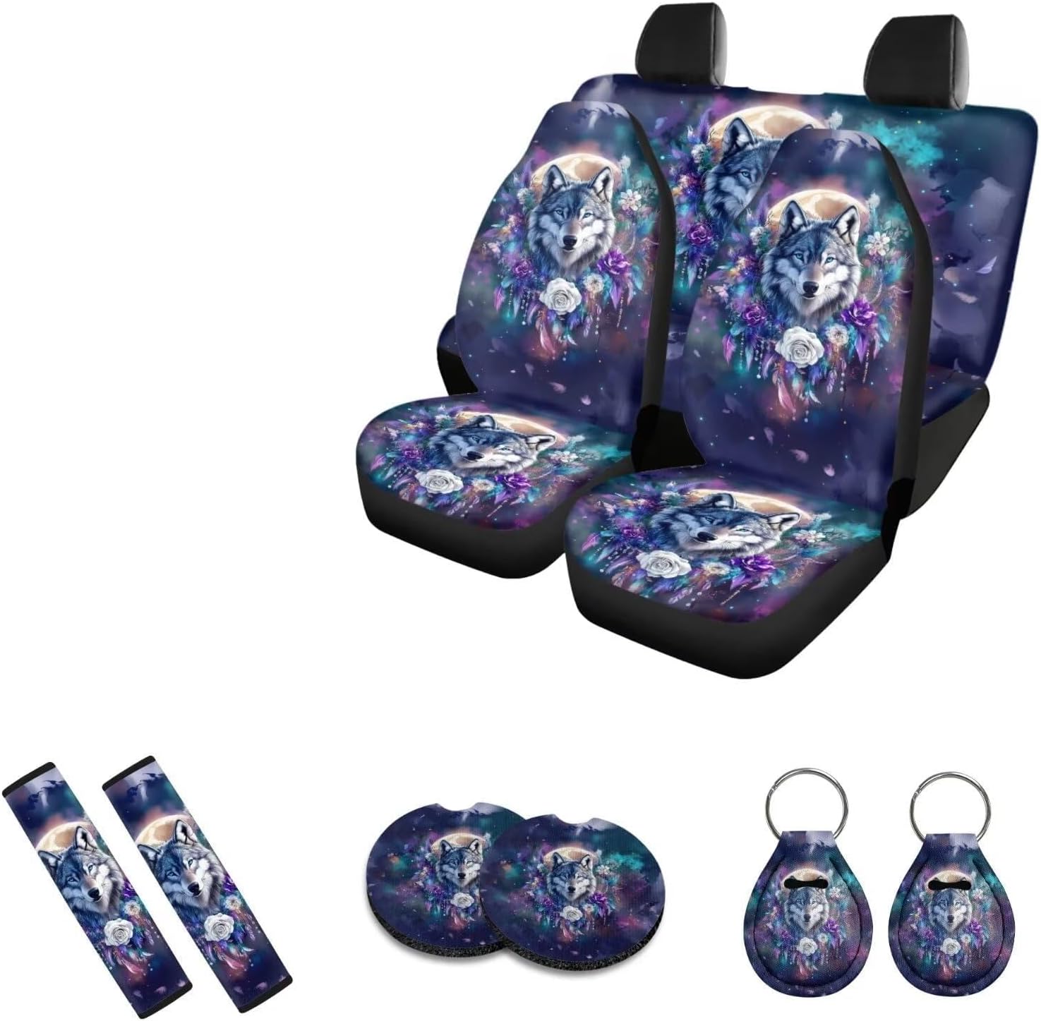 Wolf Printed 15 Pcs Car Seat Cover Set, American Flag Printed Auto Accessories Set Front Rear Seat Covers with Car Armrest Pads Steering Wheel Protector