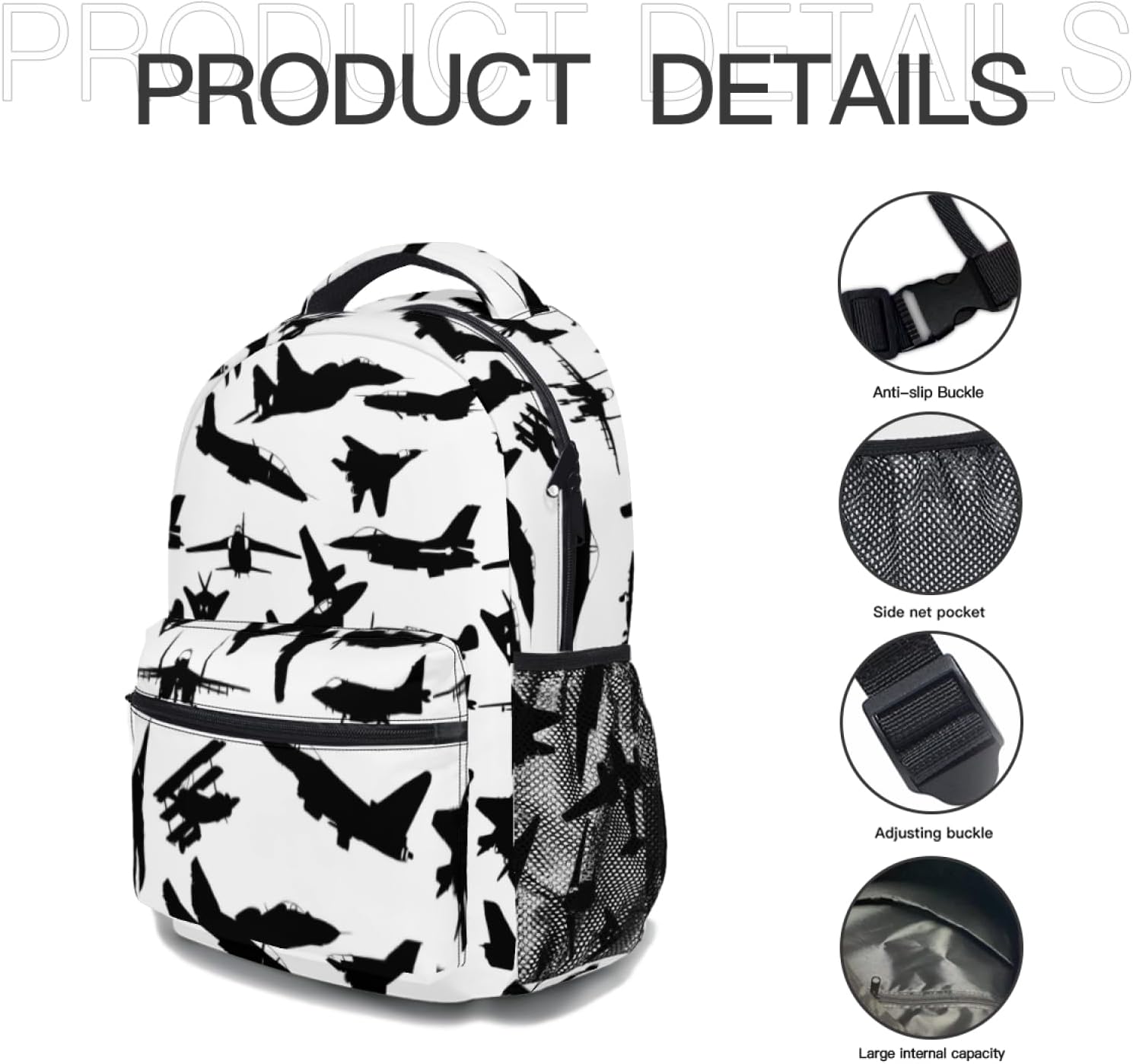 Airplane Jet Fighters Backpack With Adjustable Padded Shoulder Straps 17 Inch Daypacks For College Travel