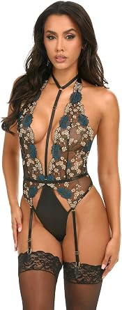 Oh la la Cheri Womens Alani Embroidered Halter Teddy with Keyhole Details 52-11395