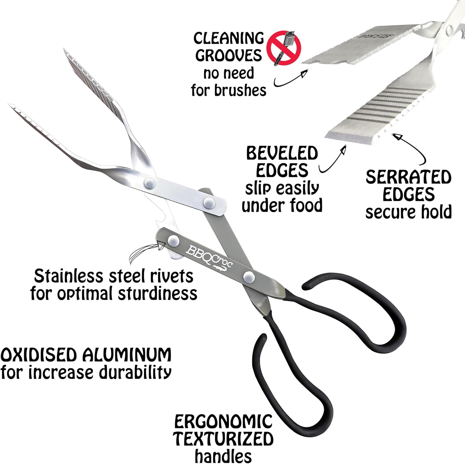 BBQ Croc 3 in 1 Barbecue Tool 15-inch - Extra Light Tongs, Spatula and Grill Scraper (Green)