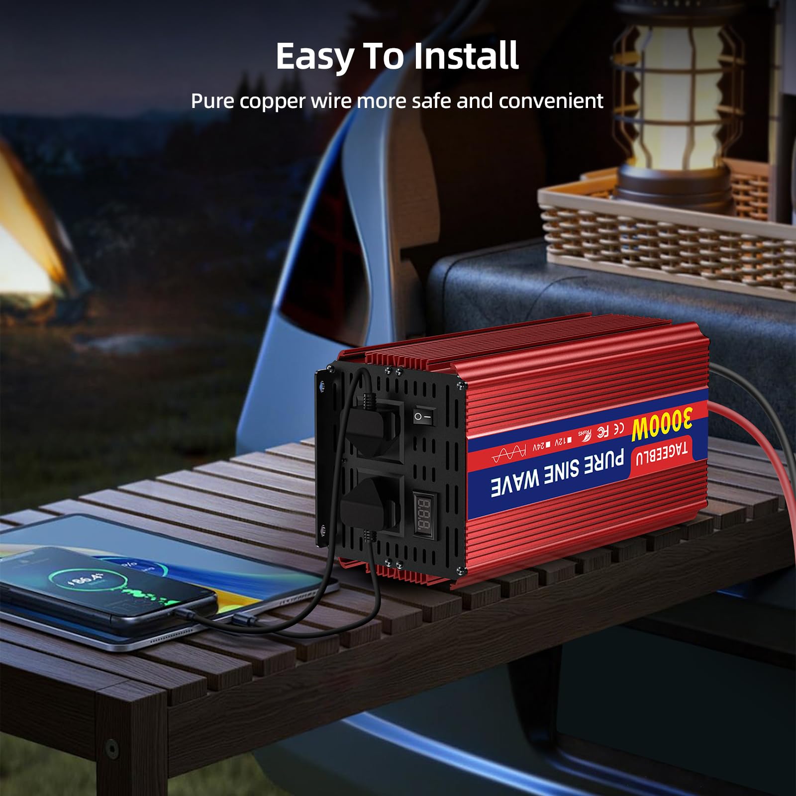 Pure Sine Wave Power Inverter 3000w DC 24V to AC 240V Voltage Converter with 2 AC Outlets,Digital display screen,for Motorhomes,Trucks,Boats,Camping,6000W Peak Power - 4