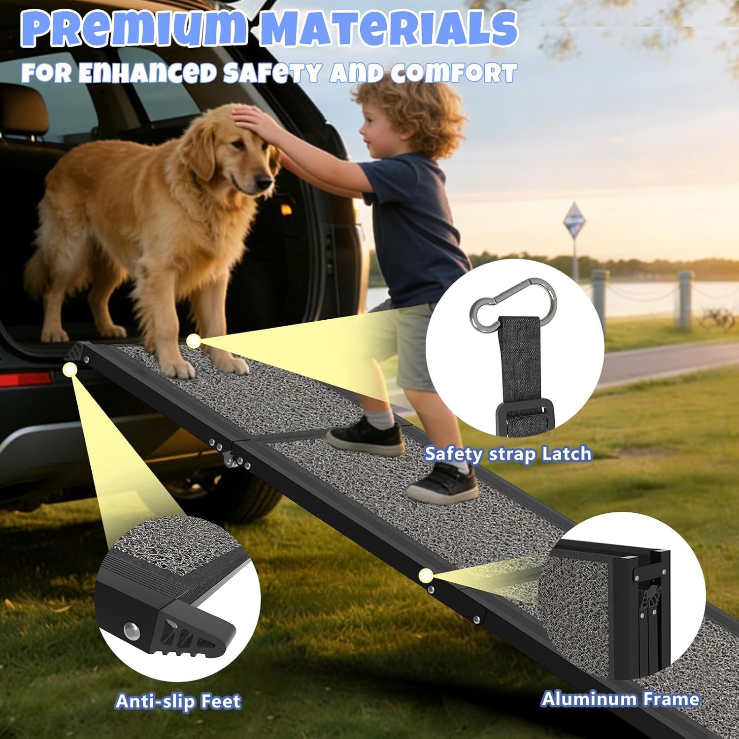Hunderampe Klappbare Auto 63" × 17", 160cm, Faltbare Haustierrampe für Große Hunde mit Rutschfestem Teppichbelag, Tragbare Hunderampe für SUV, PKW & LKW