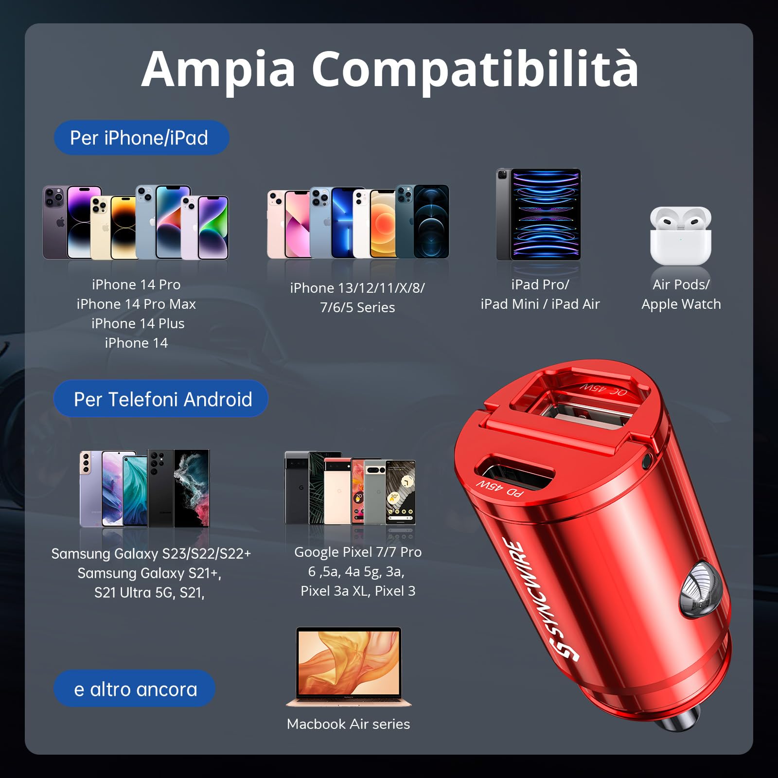 SYNCWIRE Caricatore Auto USB C - [Porta PD/PPS 45W & QC 45W] Fast Charge Caricatore Auto Ricarica Rapida Compatibile con iPhone 15 PRO Max/14/13/12, Samsung S23/S22, Google Pixel 7