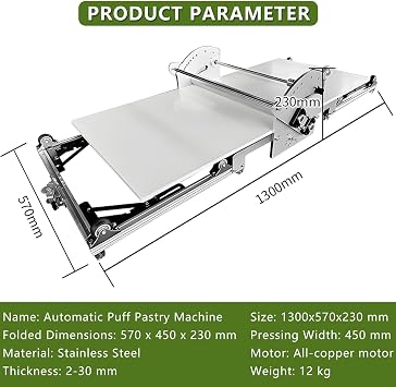 Electric Croissant Machine, Stainless Steel Folding Dough Roller Machine, 2-30 Mm Thickness Adjusted, 450mm Pressing Width, for Pizza, Bread, Croissant, Pastry
