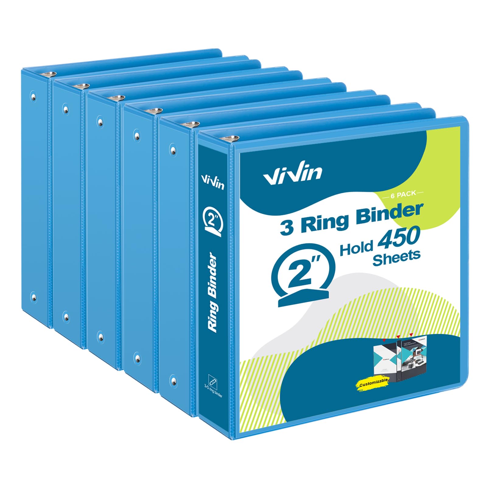 ViVin 2 Inch Round Ring View Binder for Durability, Standard 3 Ring Binder for 450 Sheets of US Letter Size Paper, PVC-Free, 6-Pack (Light Blue)