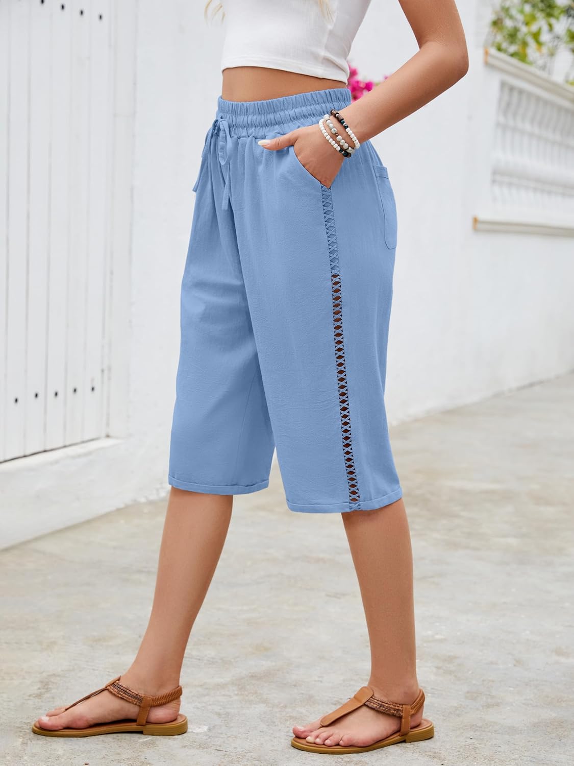 Puimentiua Women Linen Shorts Casual Knee Length Bermuda Shorts with Hollow Side Summer Beach Lightweight Capri Pants - Image 4